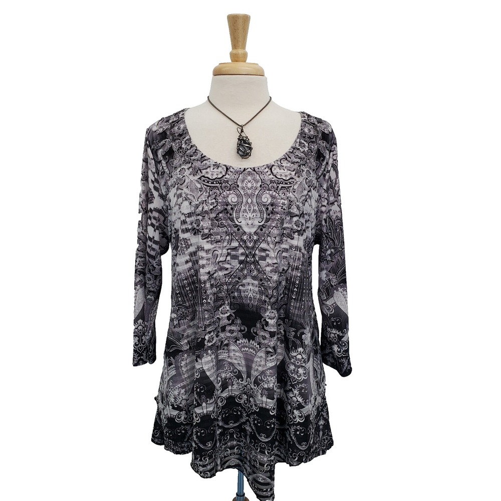 OneWorld Womens 1X Black White Paisley Print Tunic Top Stretch 3/4 Sleeve Blouse